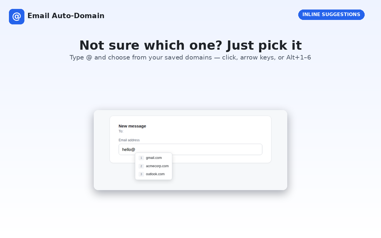 Email Auto-Domain screenshot: typing 'hello@' shows a dropdown of saved domains (gmail.com, acmecorp.com, outlook.com) selectable with number keys or Alt+1–6.