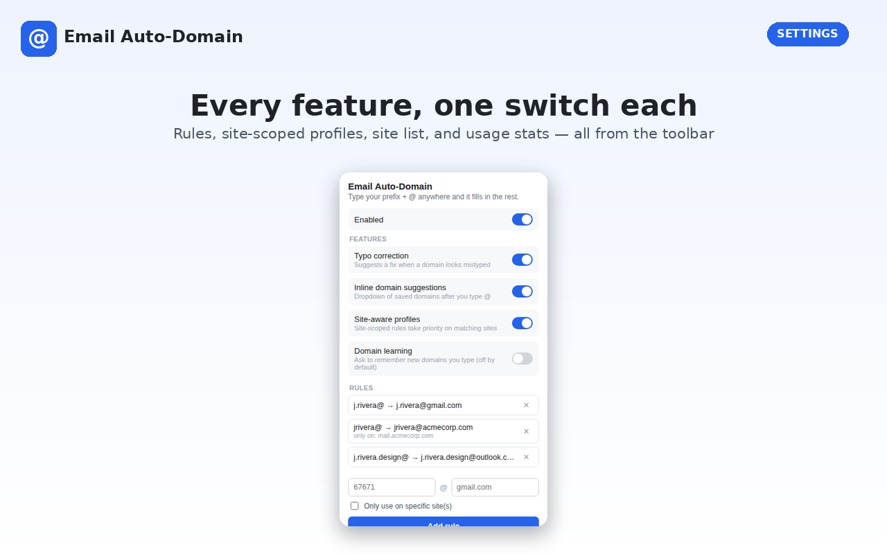 Email Auto-Domain settings popup showing toggles for typo correction, inline domain suggestions, site-aware profiles, and domain learning, plus a list of saved rules.