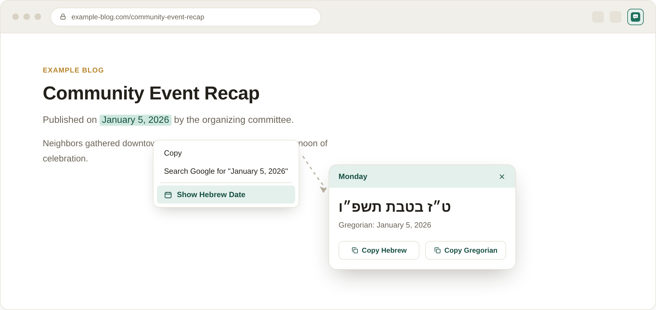 Right-clicking a date on a webpage opens a context menu with a "Show Hebrew Date" option, which opens a floating bubble showing the Hebrew calendar date, the weekday, and copy buttons.